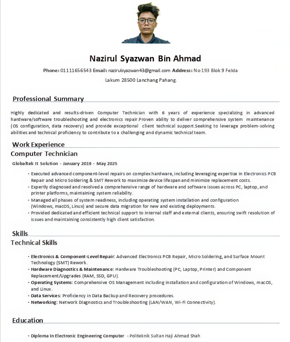 Nazirul Syazwan Bin Ahmad Resume